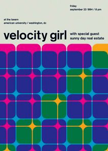 a poster with the words velocitty girl on it in bold colors and shapes