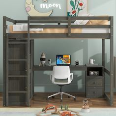 a loft bed with desk underneath it in a child's bedroom or playroom