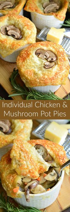 individual chicken and mushroom pot pies on a wooden cutting board with text overlay