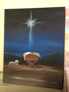 a painting of a manger scene with a dog sitting in a chair looking at the star of david