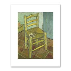 a painting of a wooden chair with a cat sleeping on the seat in front of it