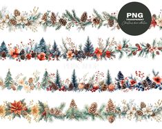 watercolor christmas borders with pine cones and poinsettis