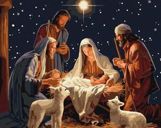 the birth of jesus is depicted in this cross - stitch nativity scene with baby jesus and three wise men