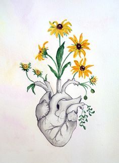 a drawing of a heart with flowers in it's center and yellow daisies on the side