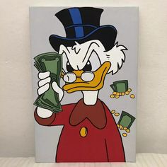 a painting of donald duck holding money and wearing a top hat