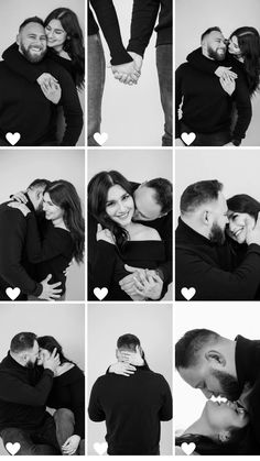 black and white photo collage of people hugging each other with hearts in the background