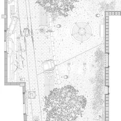 an architectural drawing of a courtyard with trees and bushes in the foreground, along with a fire hydrant on the far side