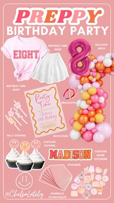 a birthday party poster with balloons and other items