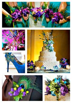 peacock themed wedding decorations and shoes for the bride's bridal gown, bouquet, and cake