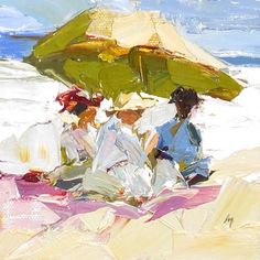 three people sitting under umbrellas on the beach