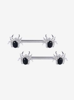 Silver-toned nipple barbells featuring black gem-decorated spiders. Jewelry care: Wash with antibacterial soap and warm water. Piercing care: Wash hands thoroughly  then clean piercing with H2Ocean (sold separately) or saline solution. Bridge Piercing Jewelry, Cleaning Piercings, Aesthetic Lookbook, Piercing Care, Bridge Piercing, Clean Jewelry, Piercing Inspo, Jewelry Piercing, Saline Solution