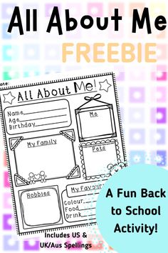 an all about me freebie is shown with the text, fun back to school activity