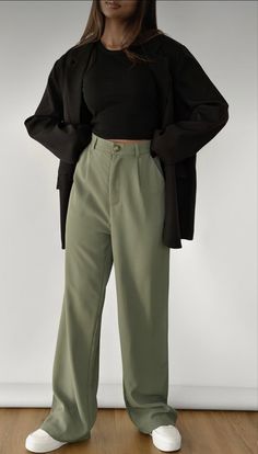 Green Office Pants Outfit, Green Pants Office Outfit, Sage And Black Outfit, Green Pants Outfit Hijab, Green Formal Pants Outfit, Olive Trouser Outfit Women, Green Straight Leg Pants Outfit, Sage Green Pants Outfits Color Combos, Sage Outfits Color Combos