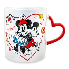 a mickey mouse coffee mug with red handle and heart shaped handles on the front, featuring an image of minnie's love