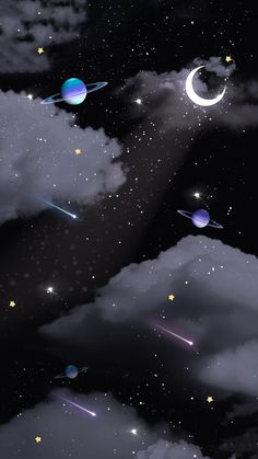 the sky is filled with stars, planets and saturnes in the night time clouds