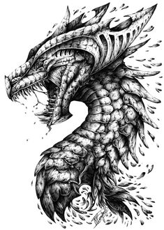 a black and white drawing of a dragon's head with its mouth open, it is