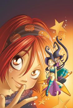 a cartoon girl with red hair and an evil witch on her back