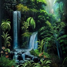 a painting of a waterfall in the jungle