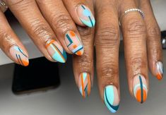 90a Nails, Orange Abstract Nails, Bold Nails, Fly Nails, Nail Parlour, March Nails, Nails With Glitter, Abstract Nails, Baby Blue Nails