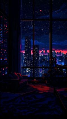 a bedroom with a view of the city lights at night and stars in the sky