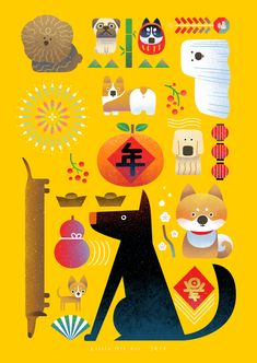 an illustrated poster with dogs, cats and other things on it's yellow background