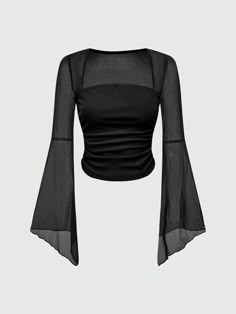 Black  Collar Long Sleeve Knitted Fabric   Embellished High Stretch  Women Clothing Black Flare Sleeve Top, Goth Tops Women, Black Shirt Long Sleeve, Flare Sleeves, Black Long Sleeve Blouse, Flare Sleeve Top, Mesh Long Sleeve Top, Mesh Blouse, Flared Sleeves Top