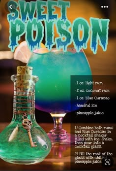 a blue and green liquid in a flask with the words sweet pottson on it