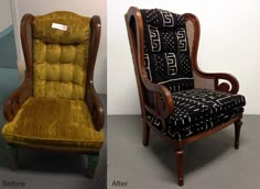 two chairs side by side, one is yellow and the other has black patterned upholster