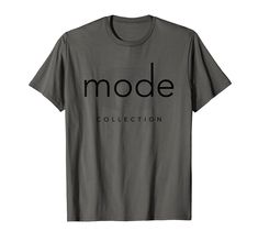 a grey t - shirt with the word mode in black on it, and an image of