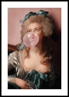 a painting of a woman blowing a bubble