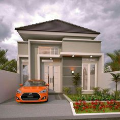 an orange car is parked in front of a modern house with flowers and plants on the driveway