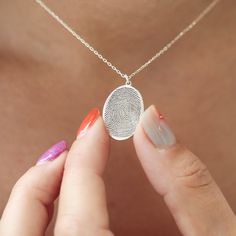 Finger Print Necklace * Material: High Quality Solid 925 Sterling Silver-14K Solid Gold   * Finish: Sterling Silver ∙ 14K Gold Plated ∙ Rose Gold plated-14K Solid (Real) Gold  * Dimensions: 15x20 mm Oval H O W ∙ T O ∙ O R D E R We engrave your messages on the back of the pendant for free Simply use the **Contact Shop Owner Button** and send us a picture or scan of the FingerPrint//Handwriting//Message//Artwork before or after purchasing. Please select your preffered quantitiy from the menu while Finger Print Necklace, Message Artwork, Thumbprint Necklace, Fingerprint Necklace, Sterling Silver Cleaner, Handwriting Necklace, Fingerprint Jewelry, Finger Print, Shop Owner