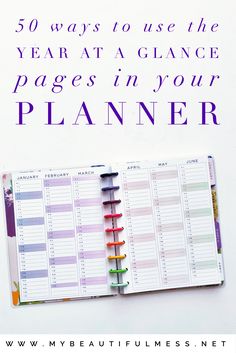 a planner with the title 50 ways to use the year at glance pages in your planner