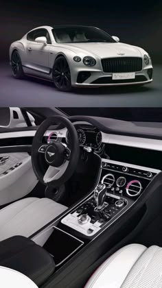 the inside and outside view of a white car with black leather seats, steering wheel and dashboard