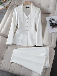 Shop for Savannah Blazer & Pant Set at Glory Connection. Free shipping on orders over $75. Washing instructions: Dry Clean Composition: Cotton, Acetate, Polyester Designer Style ID: GC34655678 Elegant White Sets For Fall, Fitted Single-breasted Pantsuit For Office, Elegant Fall Office Sets, White Single-breasted Office Set, Elegant Single Button Business Casual Sets, Elegant Single Breasted Pantsuit For Business Casual, Elegant Single-breasted Pantsuit For Business Casual, Elegant Career Pantsuit For Fall, Elegant Fall Sets With Suit Collar