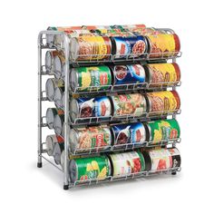 a spice rack with six cans on it