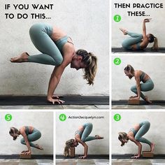 a woman doing yoga poses with her hands in the air and one leg bent down