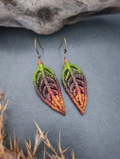 a pair of earrings with multicolored leaves on them sitting next to some dry grass