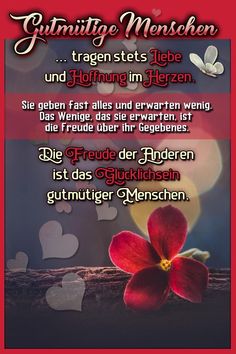 a red flower with hearts on it and the words in german are also written below