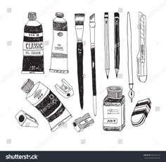 various types of art supplies are shown in this hand drawn illustration