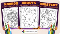 three coloring pages for children to color with the words, horror and ghost on them