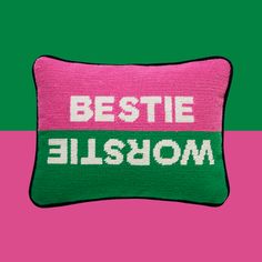 a pink and green pillow with the words bestie mom on it