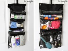 two pictures of an over the door hanging toiletries bag with its contents in it