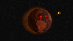 an artist's impression of the earth and its moon, which appear to be red