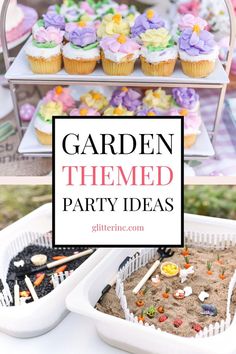 garden themed party ideas with cupcakes and sand