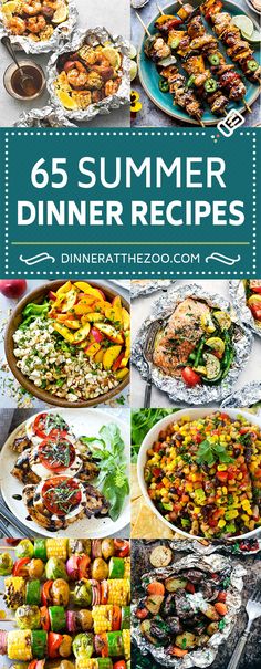 a collage of photos with different types of food on it and the words, 65 summer dinner recipes