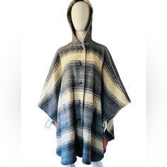 Blanket Cape Such A Chic Boho 70’s Woven Tweed Blanket Cape With Hoodie Only Care Label. Done In A Ombr Denim Blue, Cream, And Orange Stripe. Horizontal Stripe, Cool Blue Lucite Style Buttons, Not Lined, Feels Like Wool But Could Be Ayrlic Not Material Label, 2 Front Pockets. Good Vtg Condition, Has Pilling. Approximate Measurements: Will Fit Sm To Xxl Bust. Waist, Hip: Open Length:40 Shoulder: Open Thanks For Stopping By Pls See Sneak Peeks On Ig @71vintagecravings Tweed Blanket, Blanket Cape, Cape With Hood, Care Label, Blue Cream, Denim Blue, Vintage 70s, Blue And Silver, Boho Chic