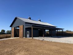 a large metal building sitting on top of a dirt field next to a dry grass field