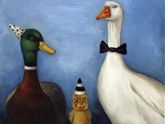 two ducks and a duckling are standing in front of a blue background, one is wearing a party hat