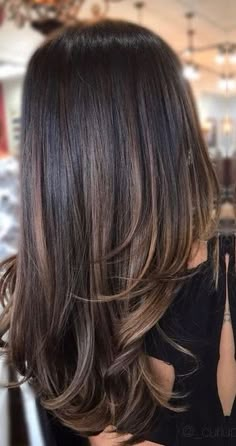 Caramel Subtle Balayage, Chocolate Hair With Balayage, Highlights At The Bottom Of Hair, Minimal Caramel Highlights, Waist Length Brunette Hair, Foil Highlights Brown Hair Dark, Dark Hair With Lighter Ends, Brown Hair Balayage Layers, Brown Hair With Caramel Highlights Layers